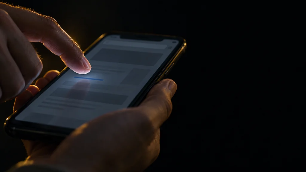 Mão segurando celular com endereço de site aberto