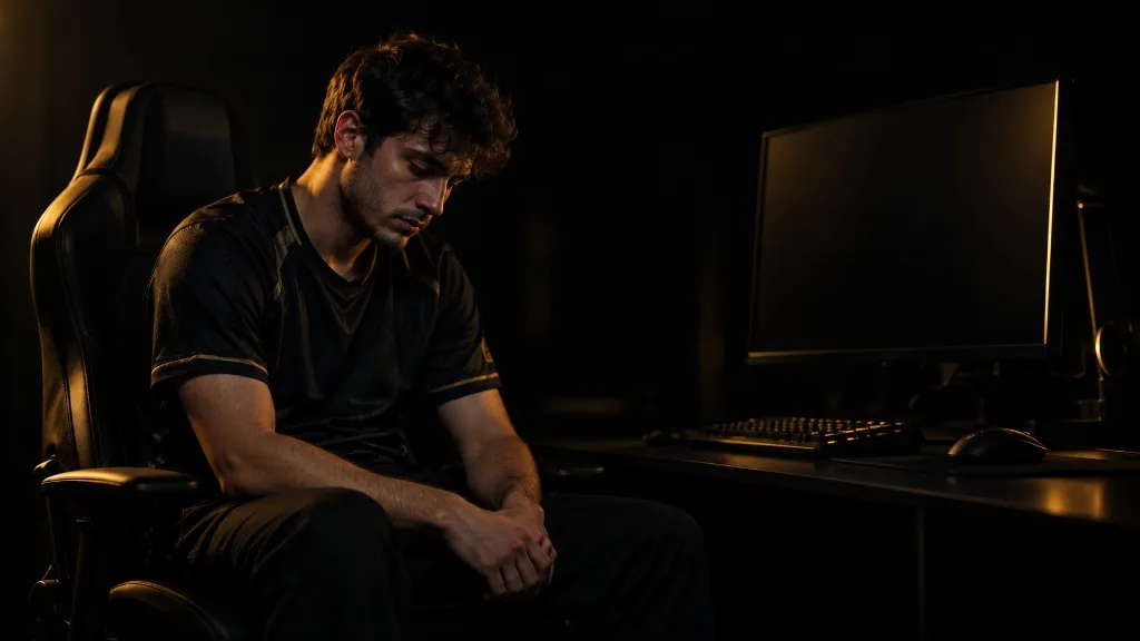 Jogador de Counter-Strike sentado em frente ao computador, na penumbra