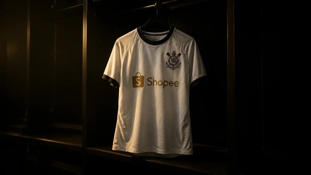 Camisa de futebol com a marca de uma plataforma de e-commerce no espaço principal