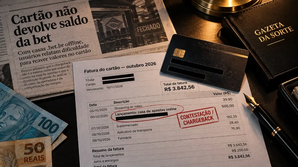 Fatura de cartão com lançamento de casa de apostas, carimbo de contestação e caderno da Gazeta da Sorte