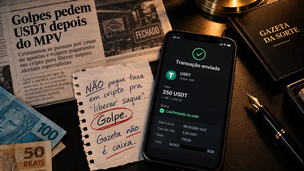 Recibo de USDT no celular, recado contra golpe de taxa e caderno da Gazeta da Sorte